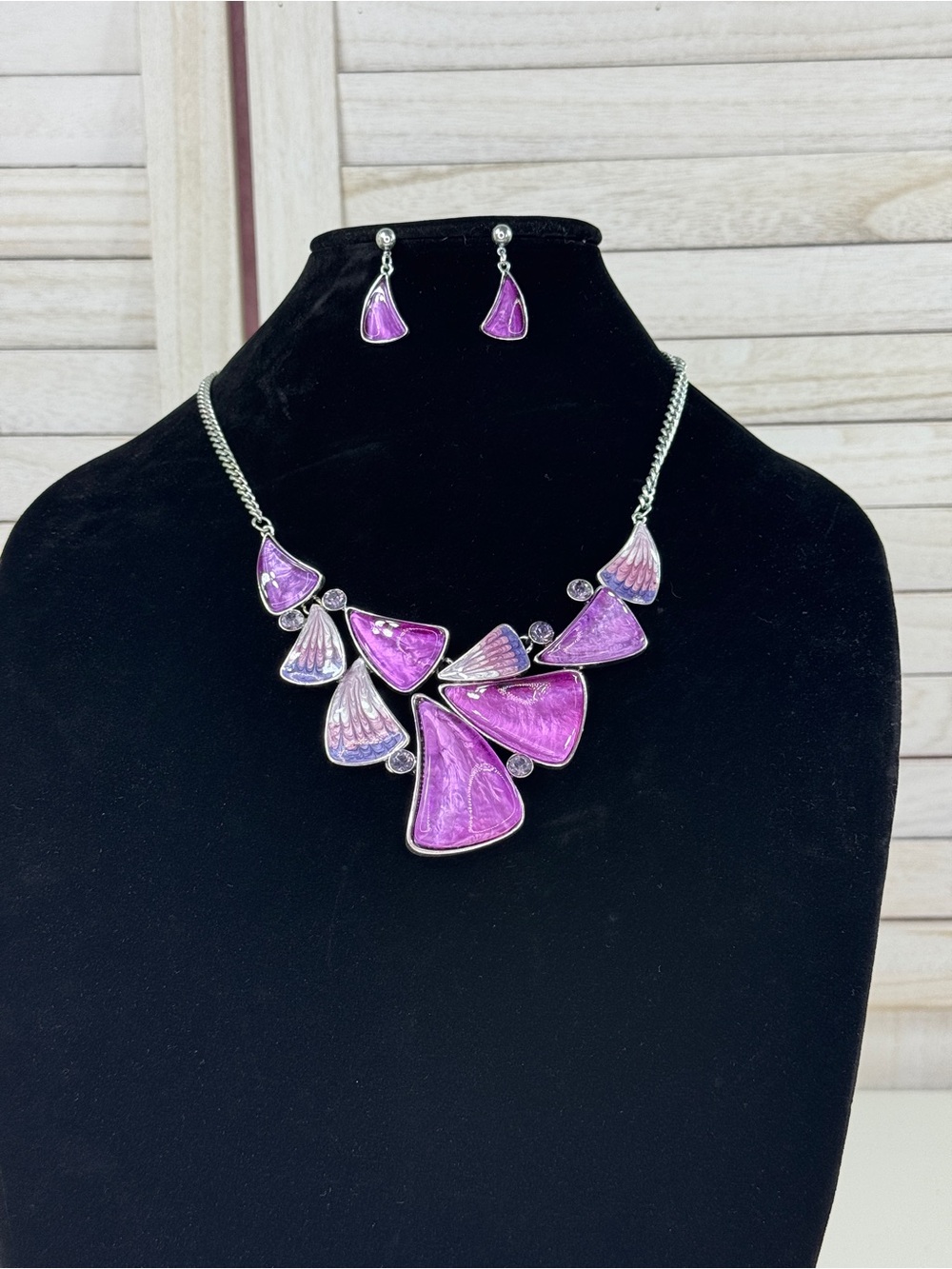 Rivir Purple and Silver Enamel Bib Statement Necklace and Earring Set Y2K